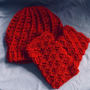 Crochet Red Christmas Hat Fingerless Mittens Set Glitter Unique Gift Handmade